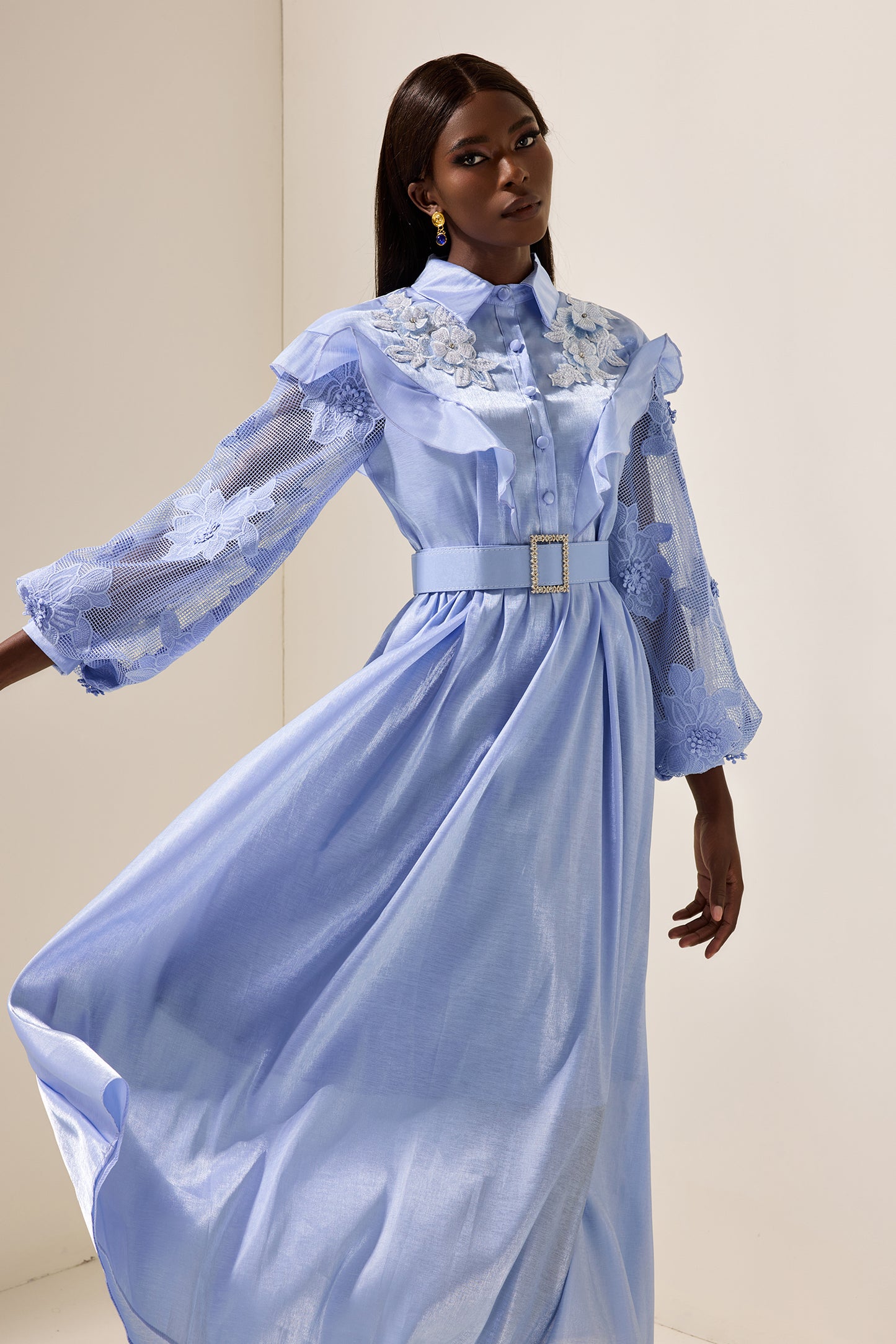 Lace Solid Frill Midi Dress With Belt