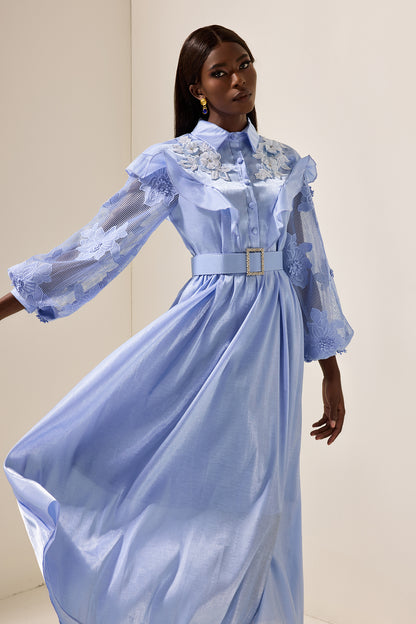 Lace Solid Frill Midi Dress With Belt