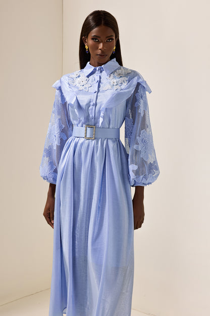 Lace Solid Frill Midi Dress With Belt