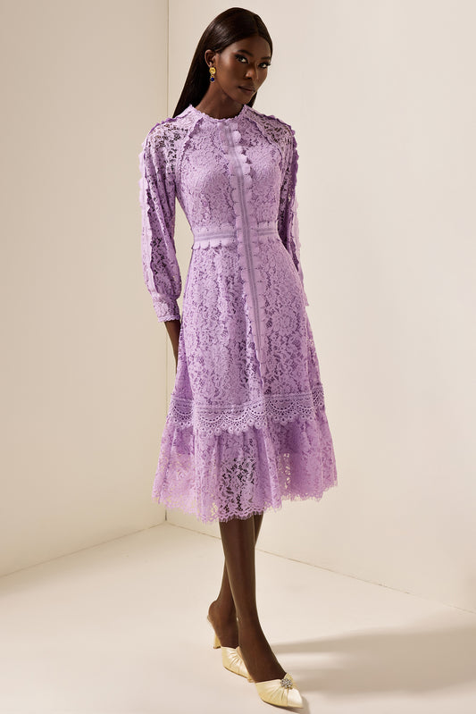 Solid Embroidered Frill Midi Dress