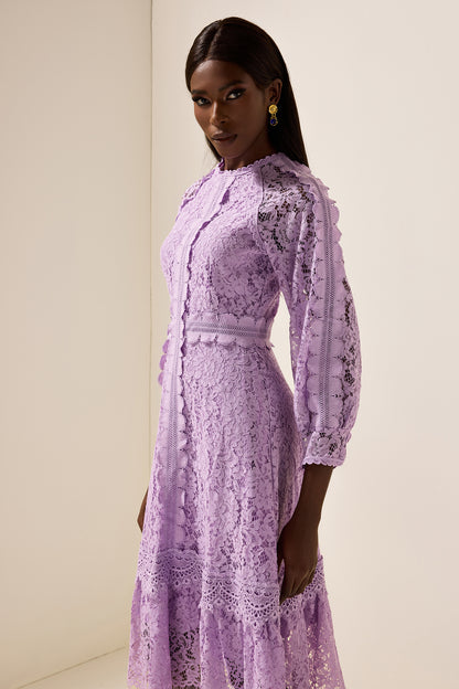 Solid Embroidered Frill Midi Dress