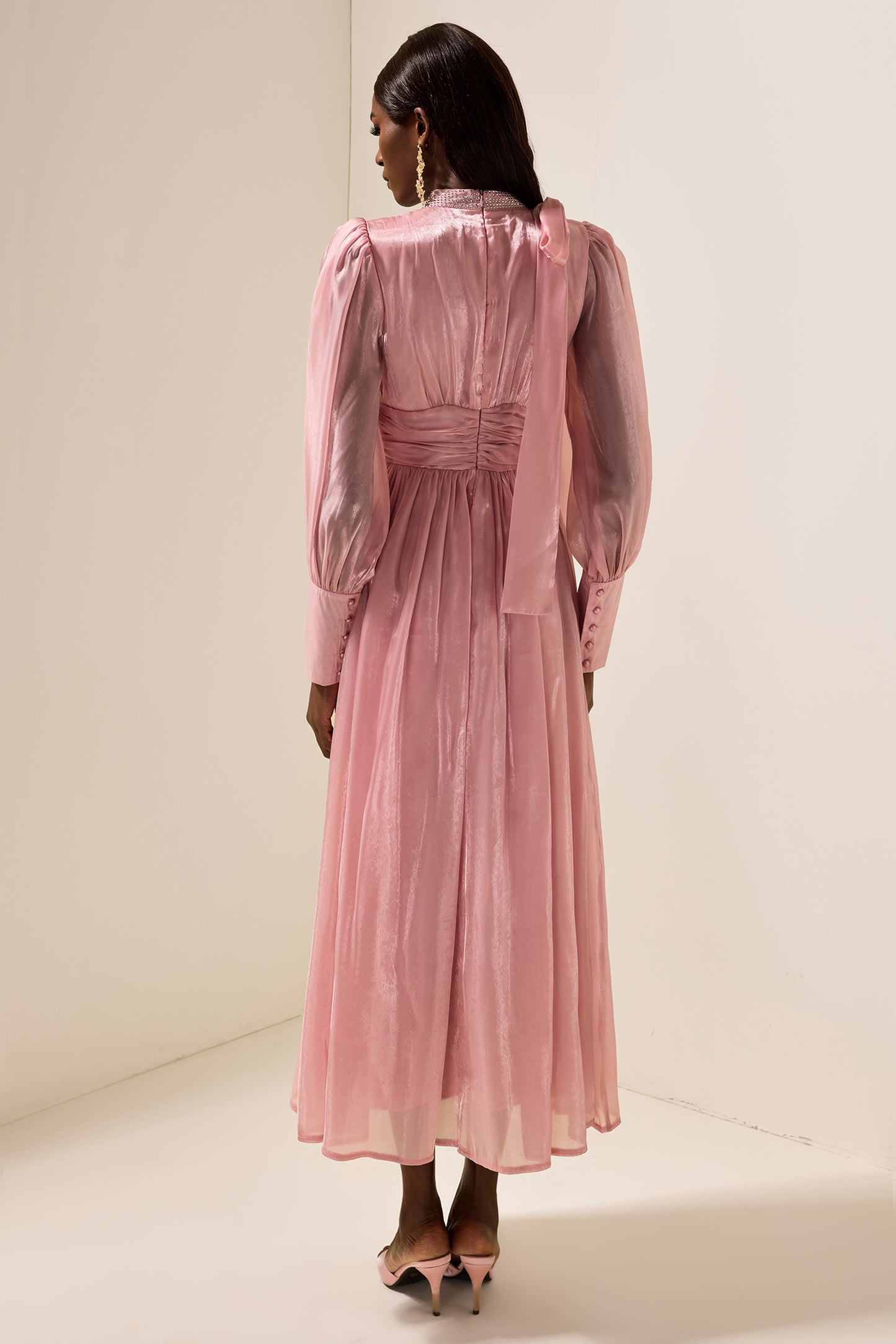 Rhinestone Solid Ruched Midi Dress