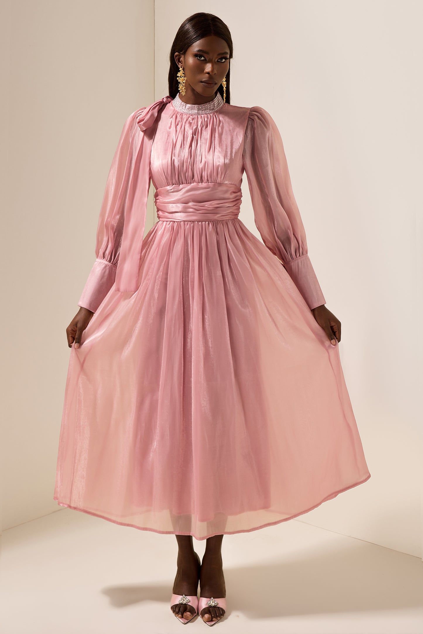 Rhinestone Solid Ruched Midi Dress