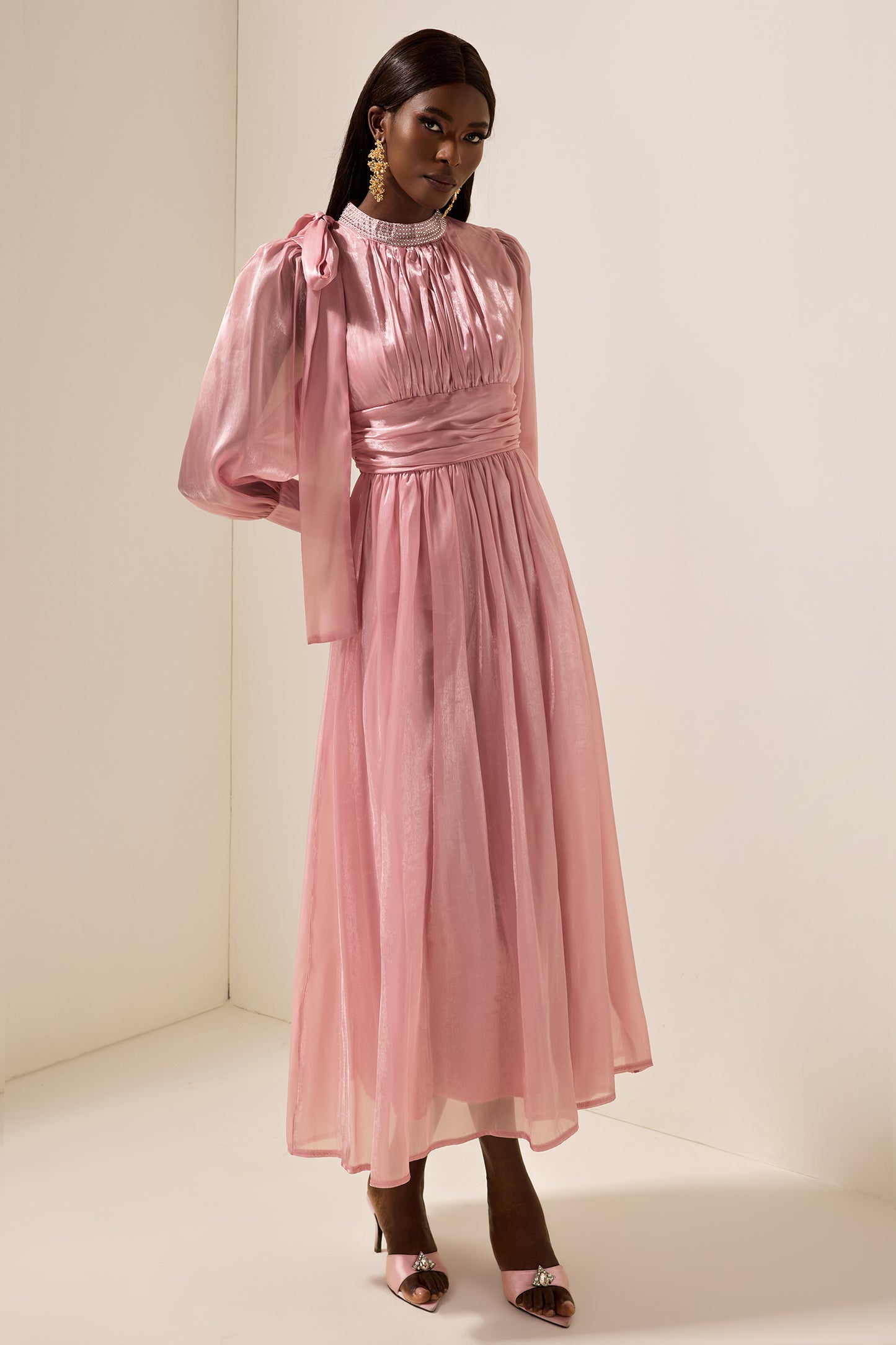 Rhinestone Solid Ruched Midi Dress