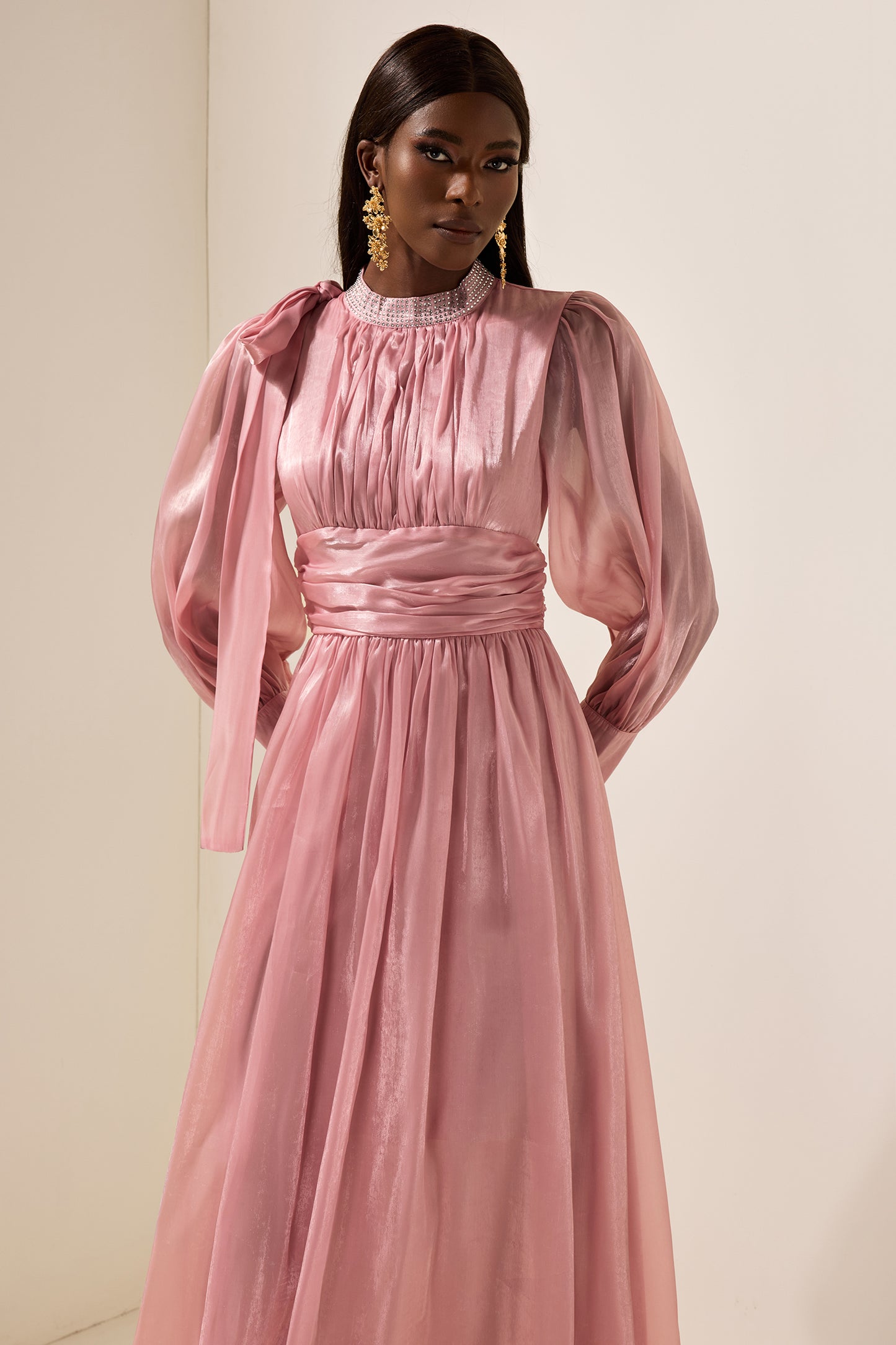 Rhinestone Solid Ruched Midi Dress