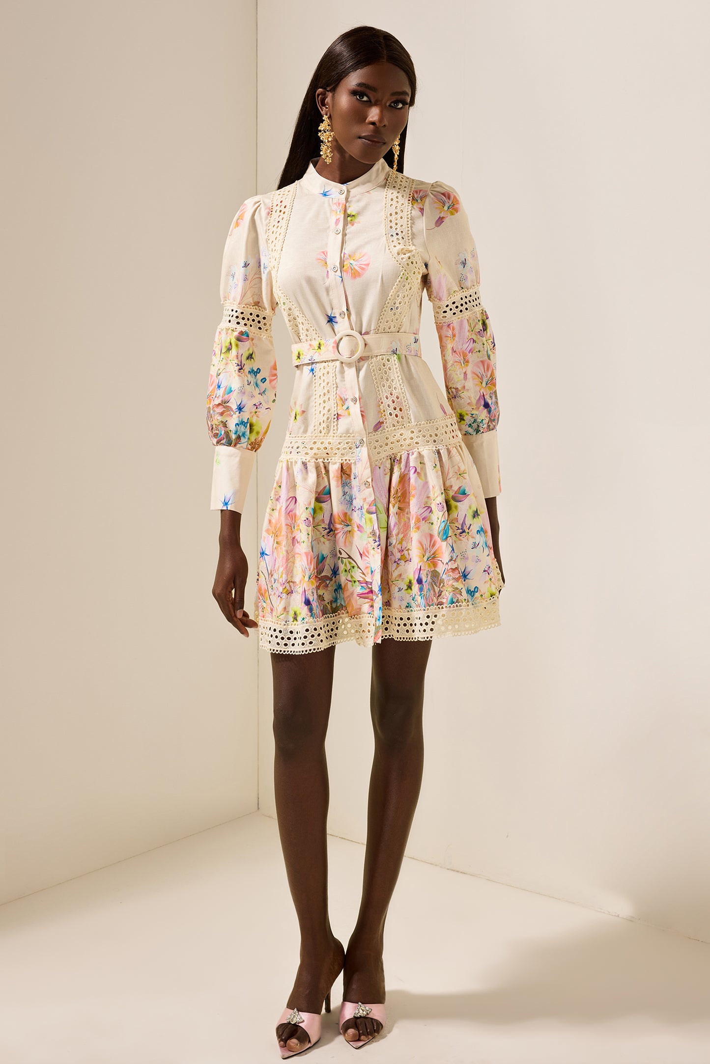 Floral Lace Bottom Mini Dress With Belt