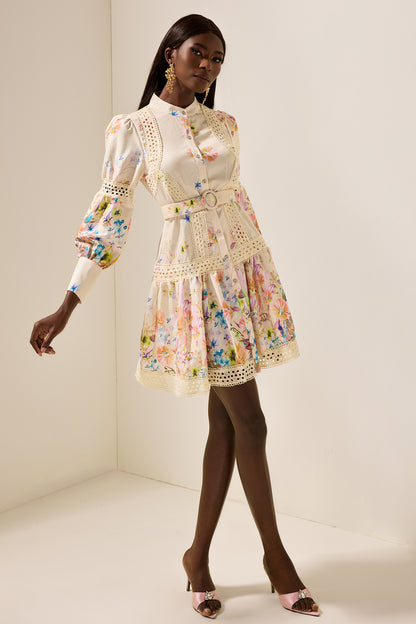 Floral Lace Bottom Mini Dress With Belt