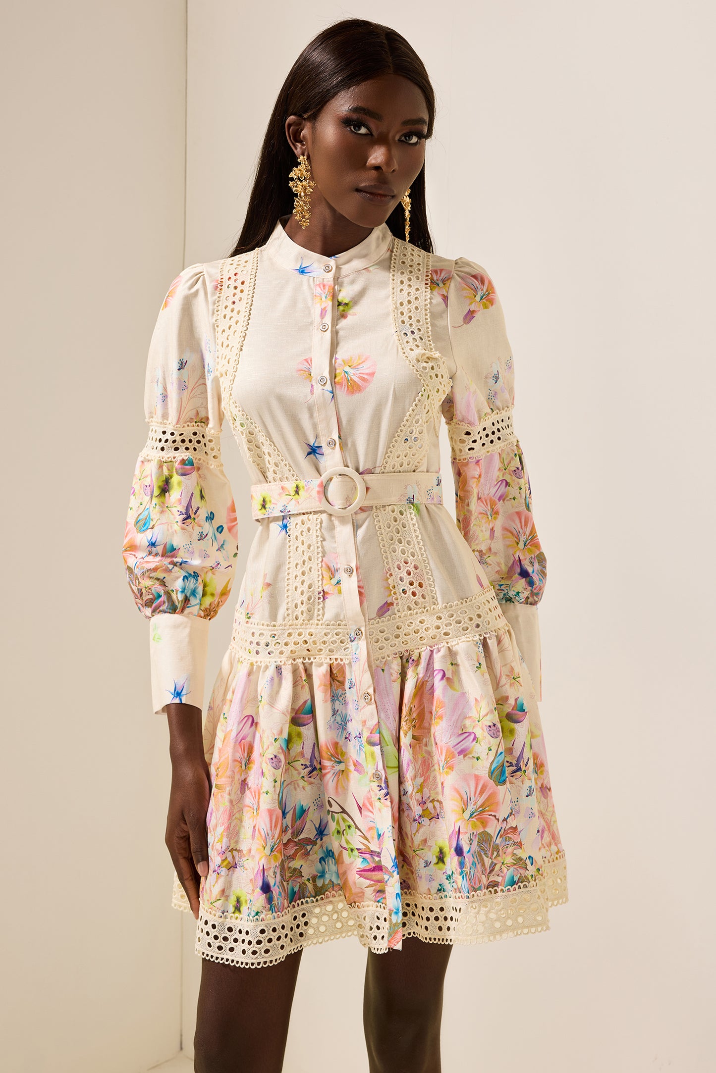 Floral Lace Bottom Mini Dress With Belt