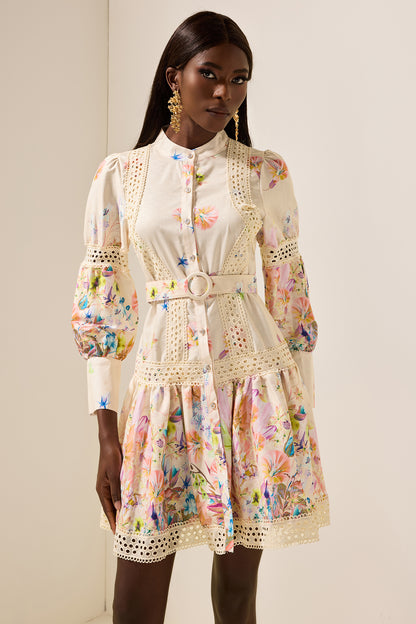 Floral Lace Bottom Mini Dress With Belt