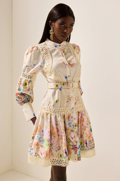 Floral Lace Bottom Mini Dress With Belt