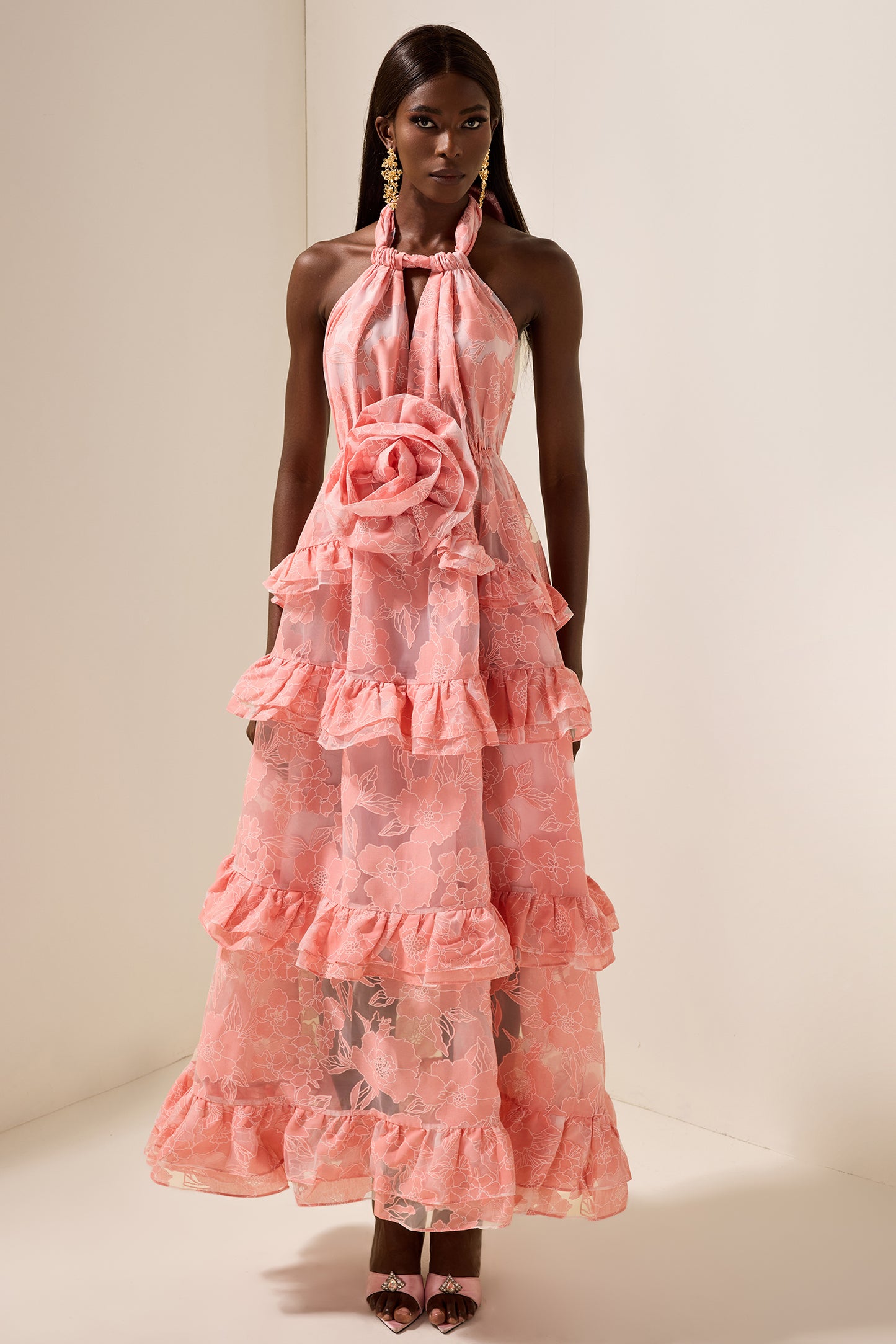 3D Flower Halter Neck Sleeveless Maxi Dress