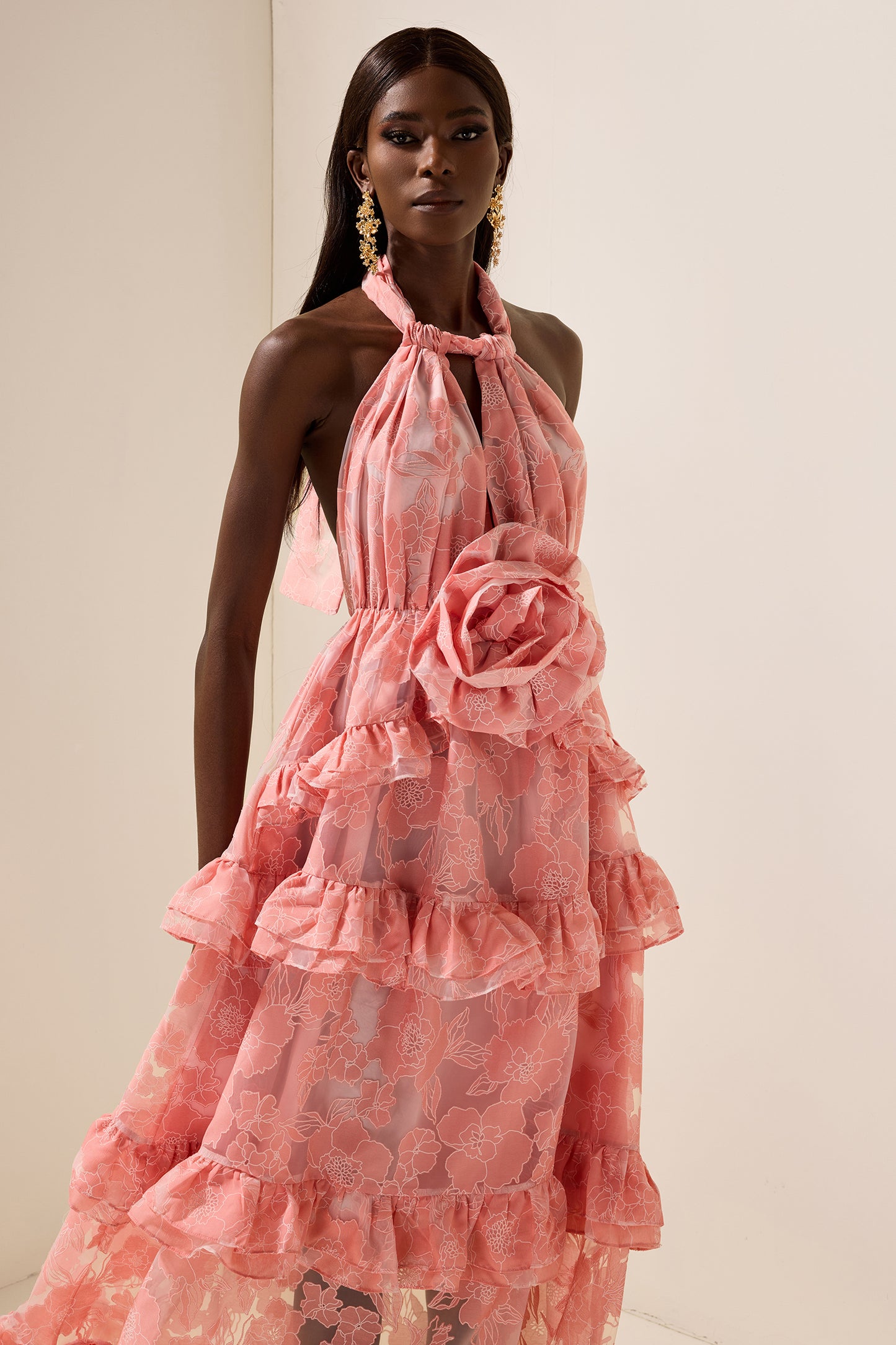 3D Flower Halter Neck Sleeveless Maxi Dress