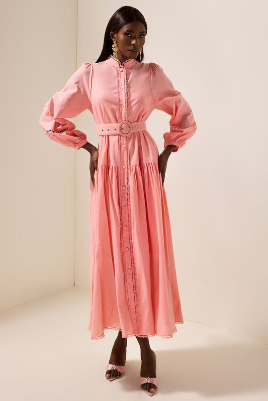 Solid Lantern Sleeve With Belt Midi Dress