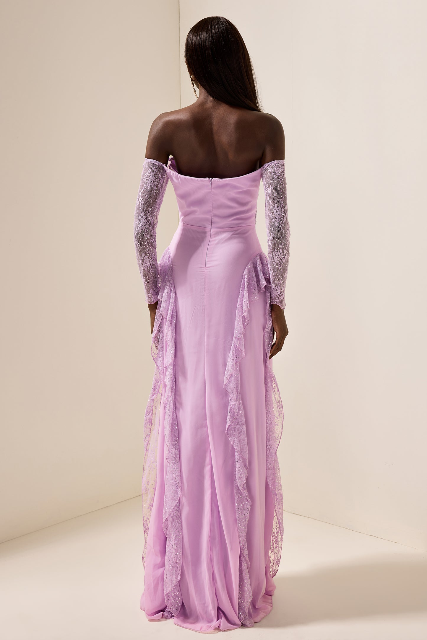 Lace Solid Off-Shoulder Maxi Dress