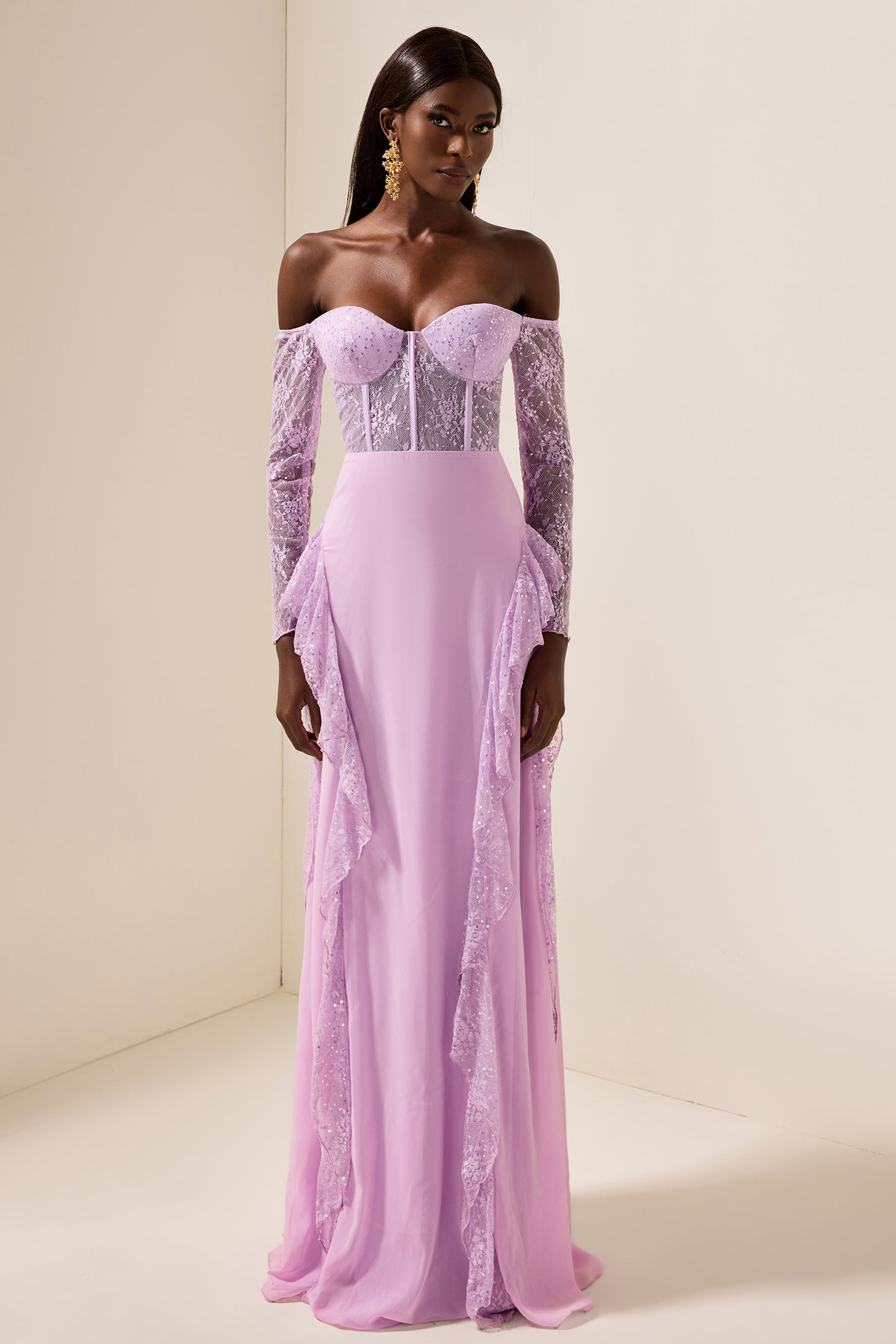 Lace Solid Off-Shoulder Maxi Dress