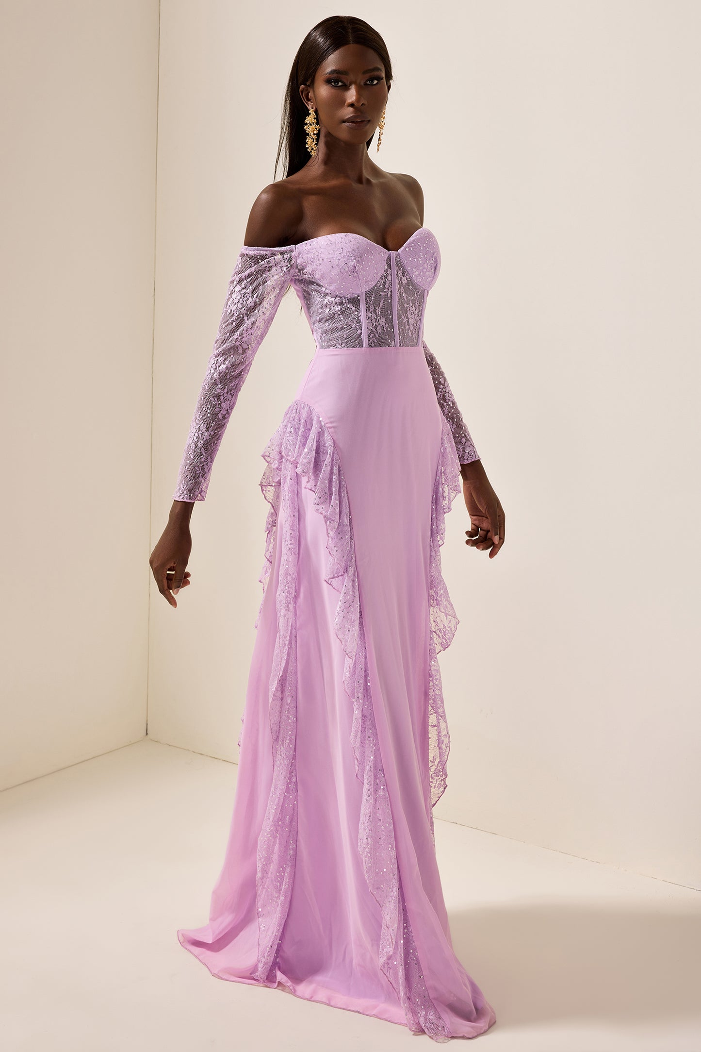 Lace Solid Off-Shoulder Maxi Dress