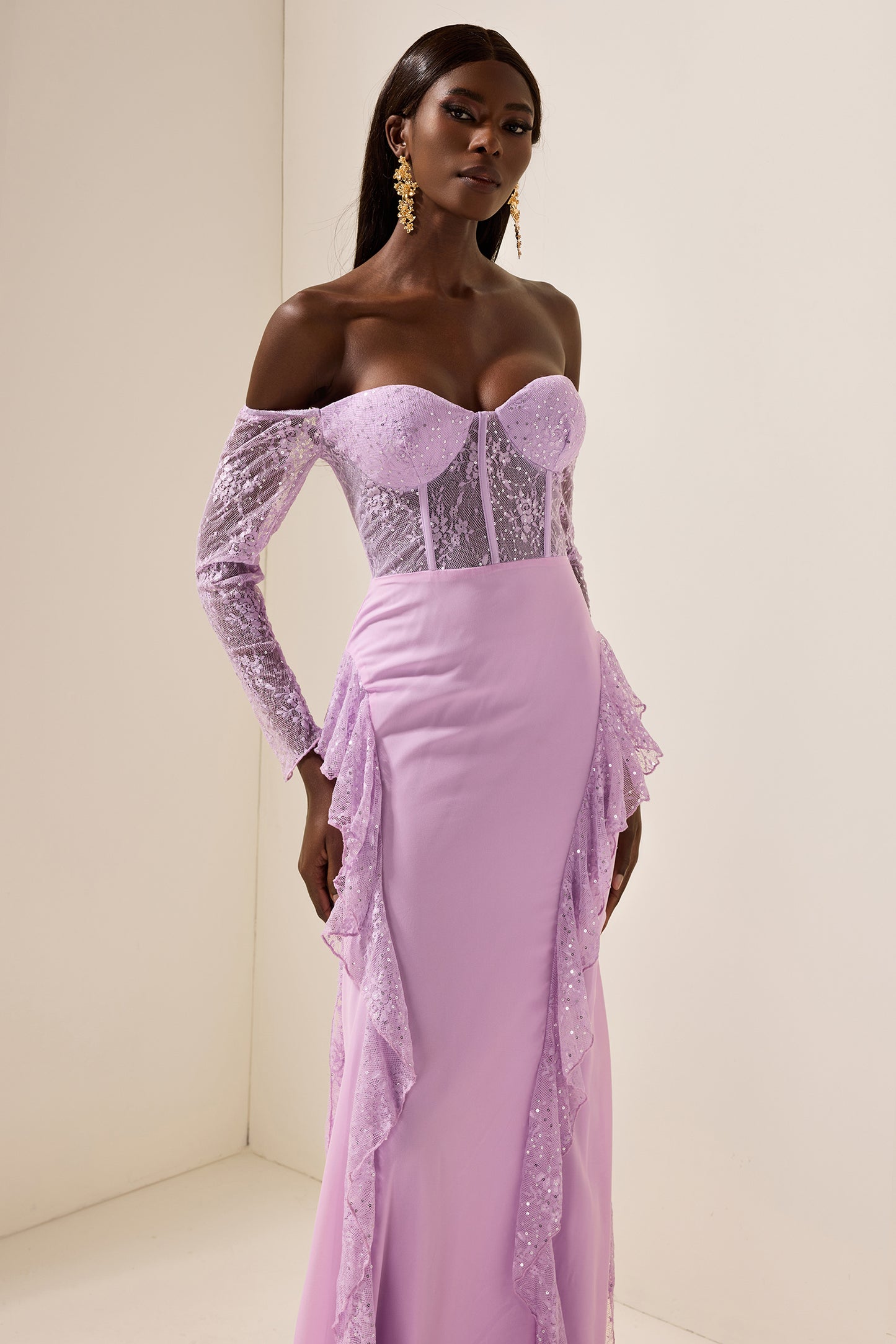 Lace Solid Off-Shoulder Maxi Dress