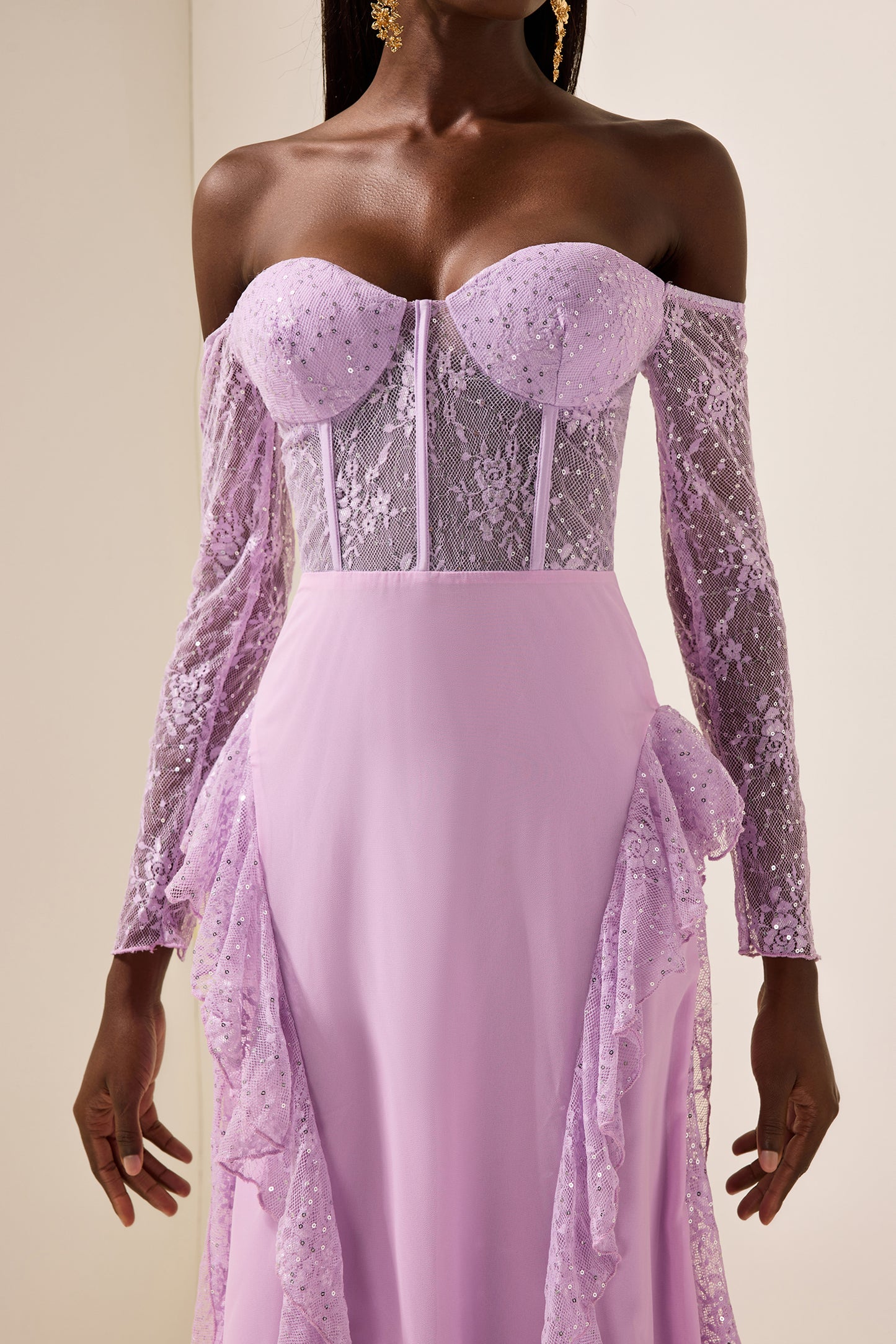 Lace Solid Off-Shoulder Maxi Dress