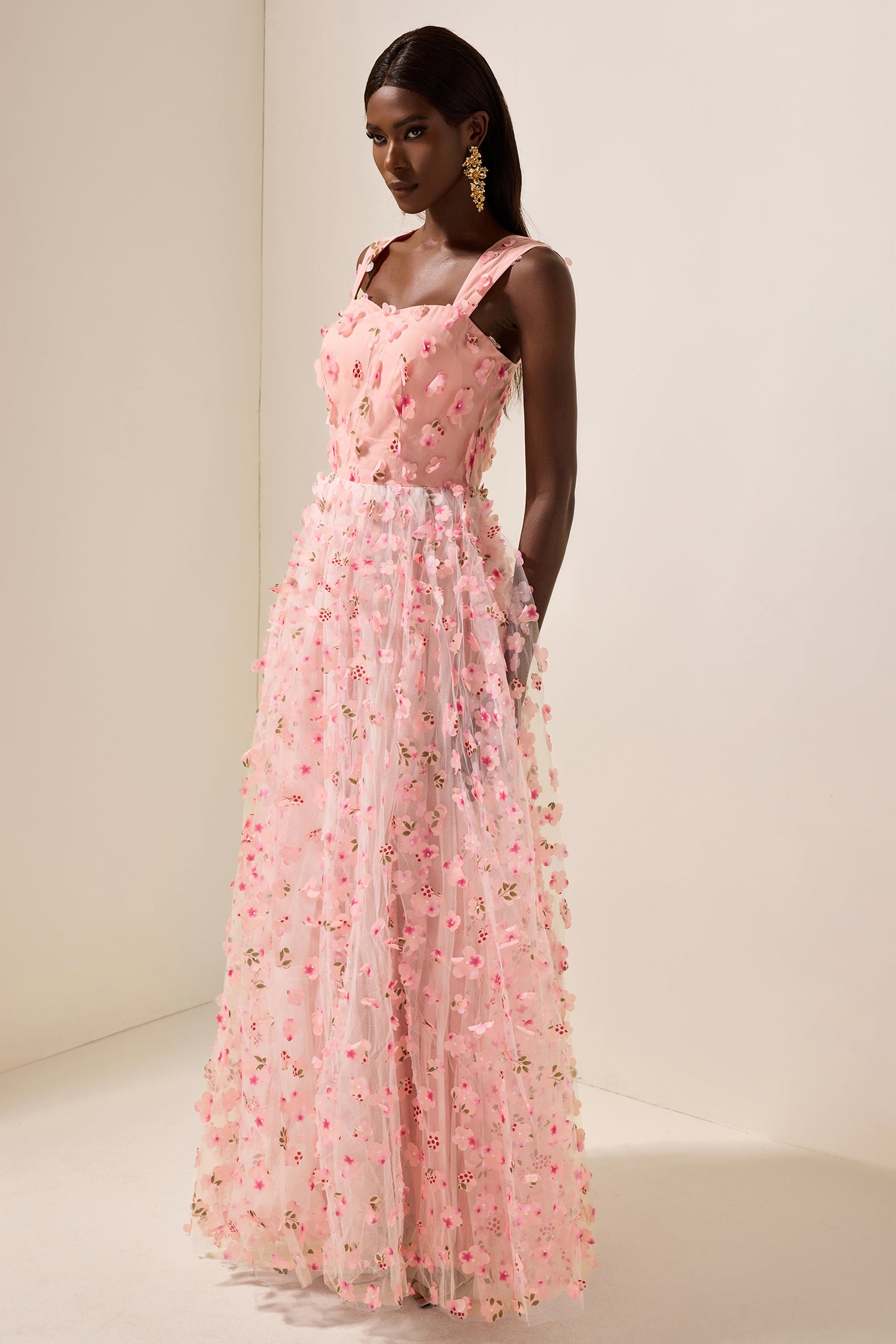 3D Floral Mesh Sleeveless Maxi Dress