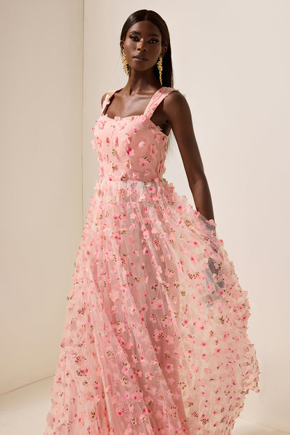 3D Floral Mesh Sleeveless Maxi Dress