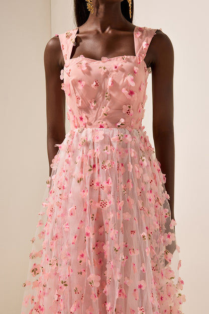 3D Floral Mesh Sleeveless Maxi Dress