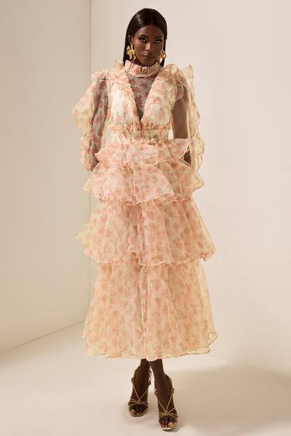 Floral Long Sleeve Smocking Tiered  Midi Dress