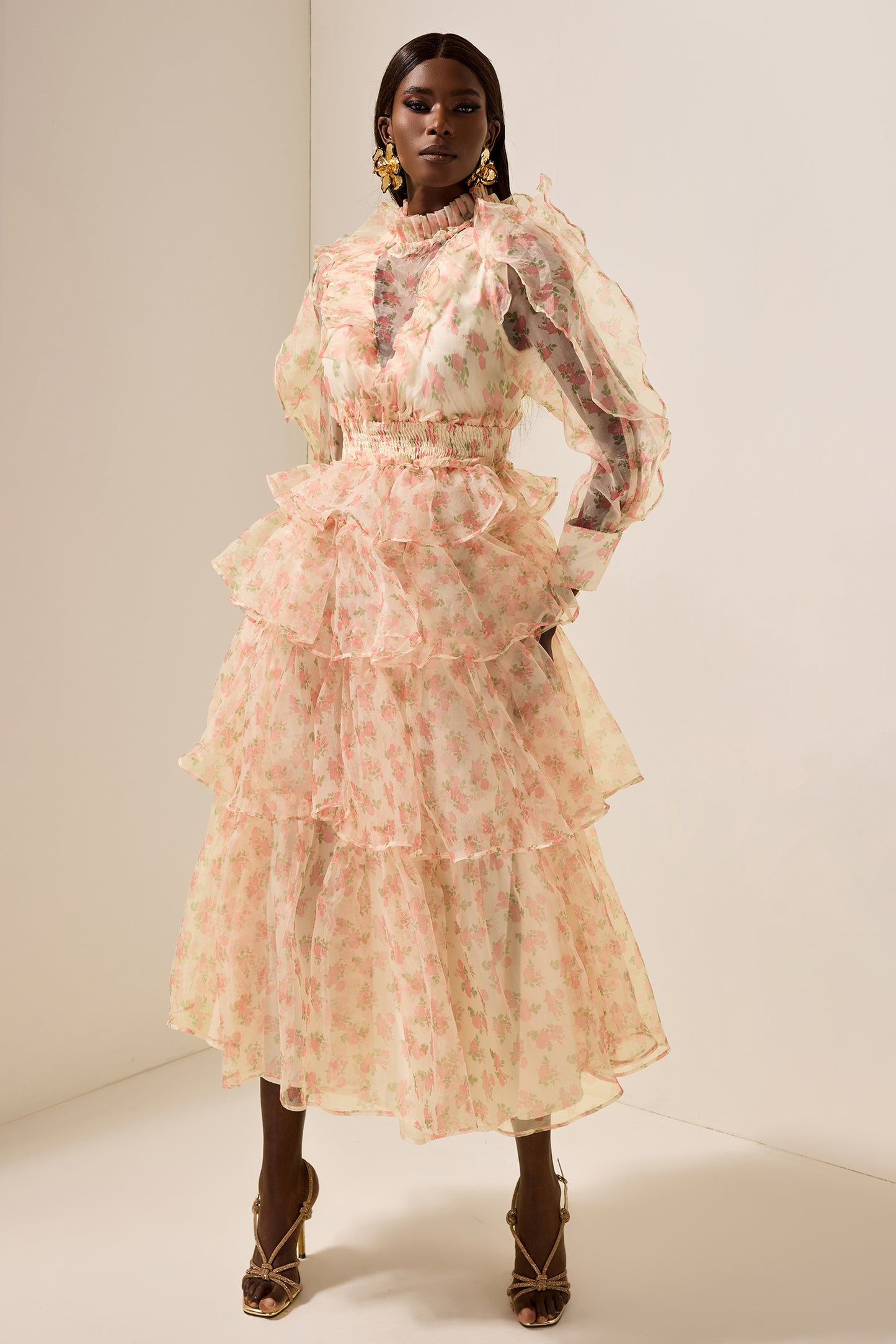 Floral Long Sleeve Smocking Tiered  Midi Dress