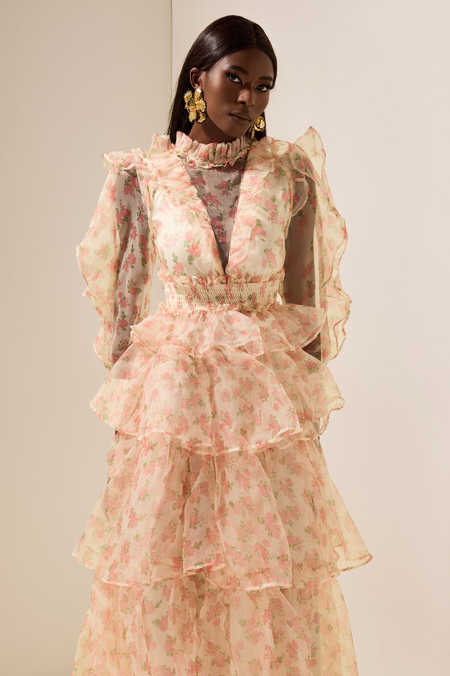 Floral Long Sleeve Smocking Tiered  Midi Dress