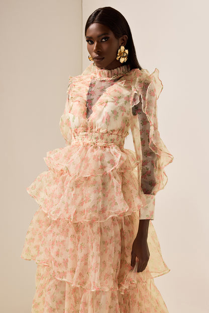 Floral Long Sleeve Smocking Tiered  Midi Dress