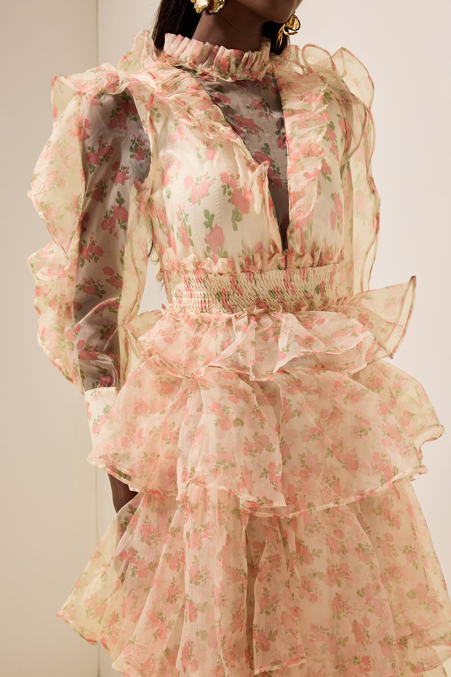 Floral Long Sleeve Smocking Tiered  Midi Dress