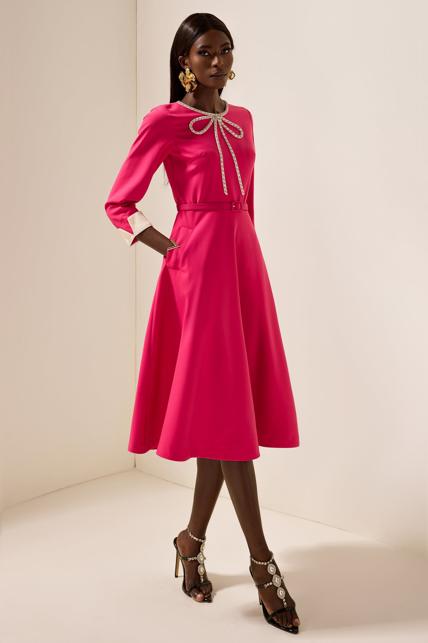 Solid Rhinestone Midi Dress With Belt