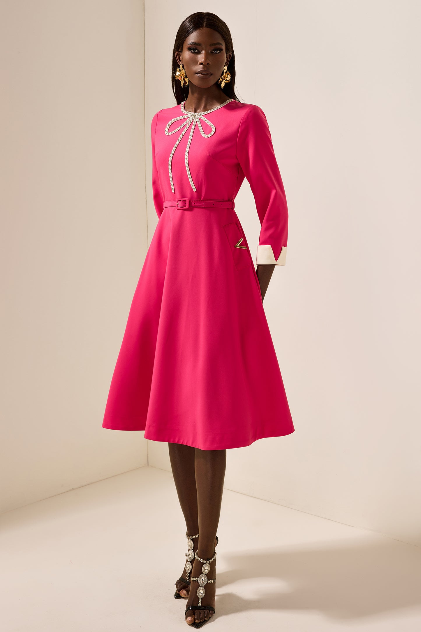 Solid Rhinestone Midi Dress With Belt