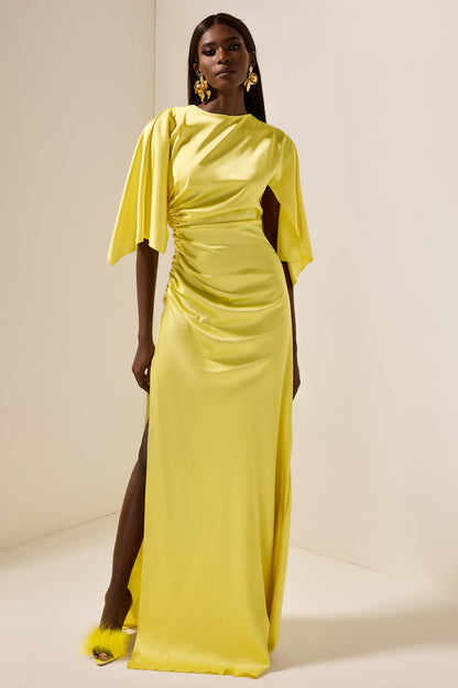 Satin Ruched Cape Sleeve Split Maxi Dress