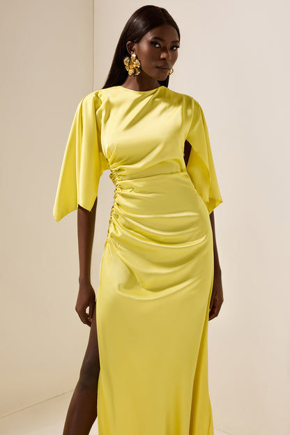 Satin Ruched Cape Sleeve Split Maxi Dress