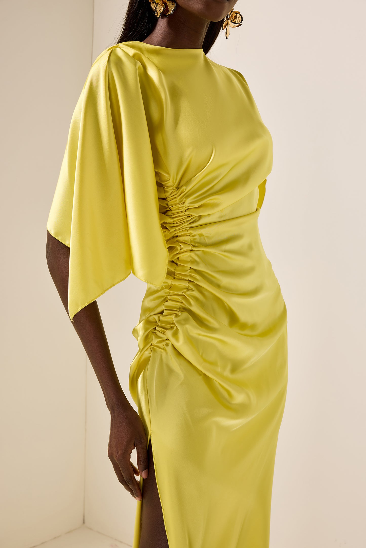 Satin Ruched Cape Sleeve Split Maxi Dress