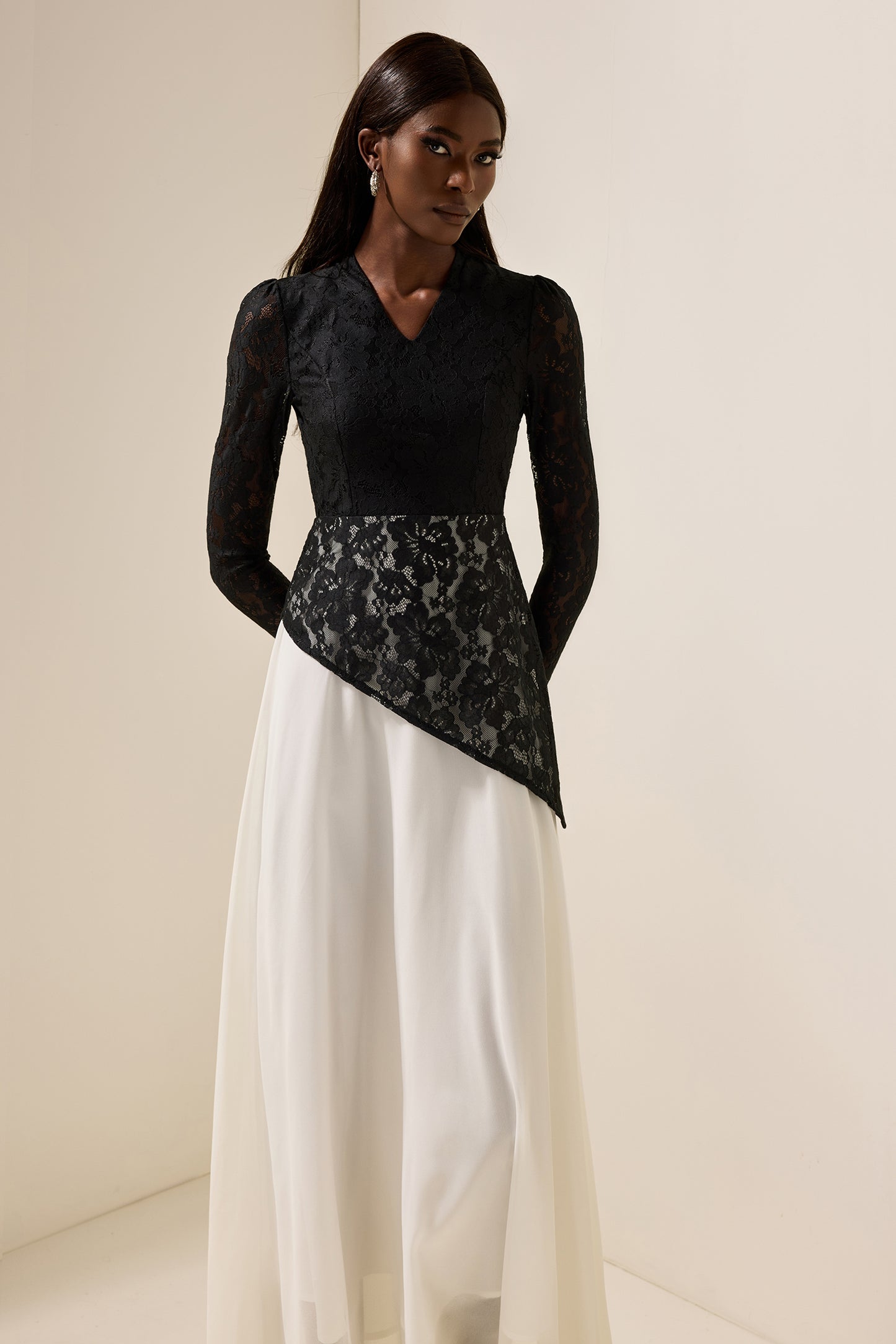 Lace Splicing Chiffon V-Neck Midi Dress