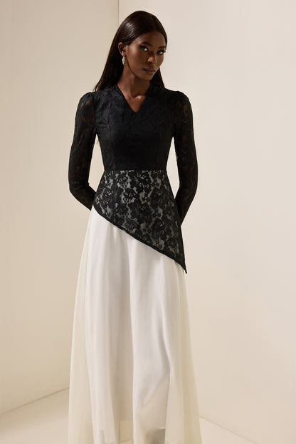 Lace Splicing Chiffon V-Neck Midi Dress