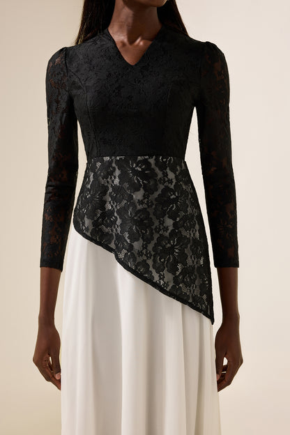 Lace Splicing Chiffon V-Neck Midi Dress