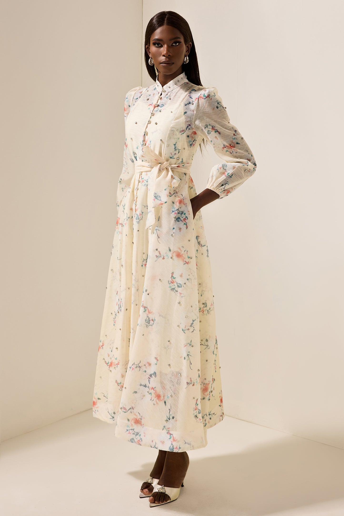 Floral Rhinestone Bottom Midi Dress