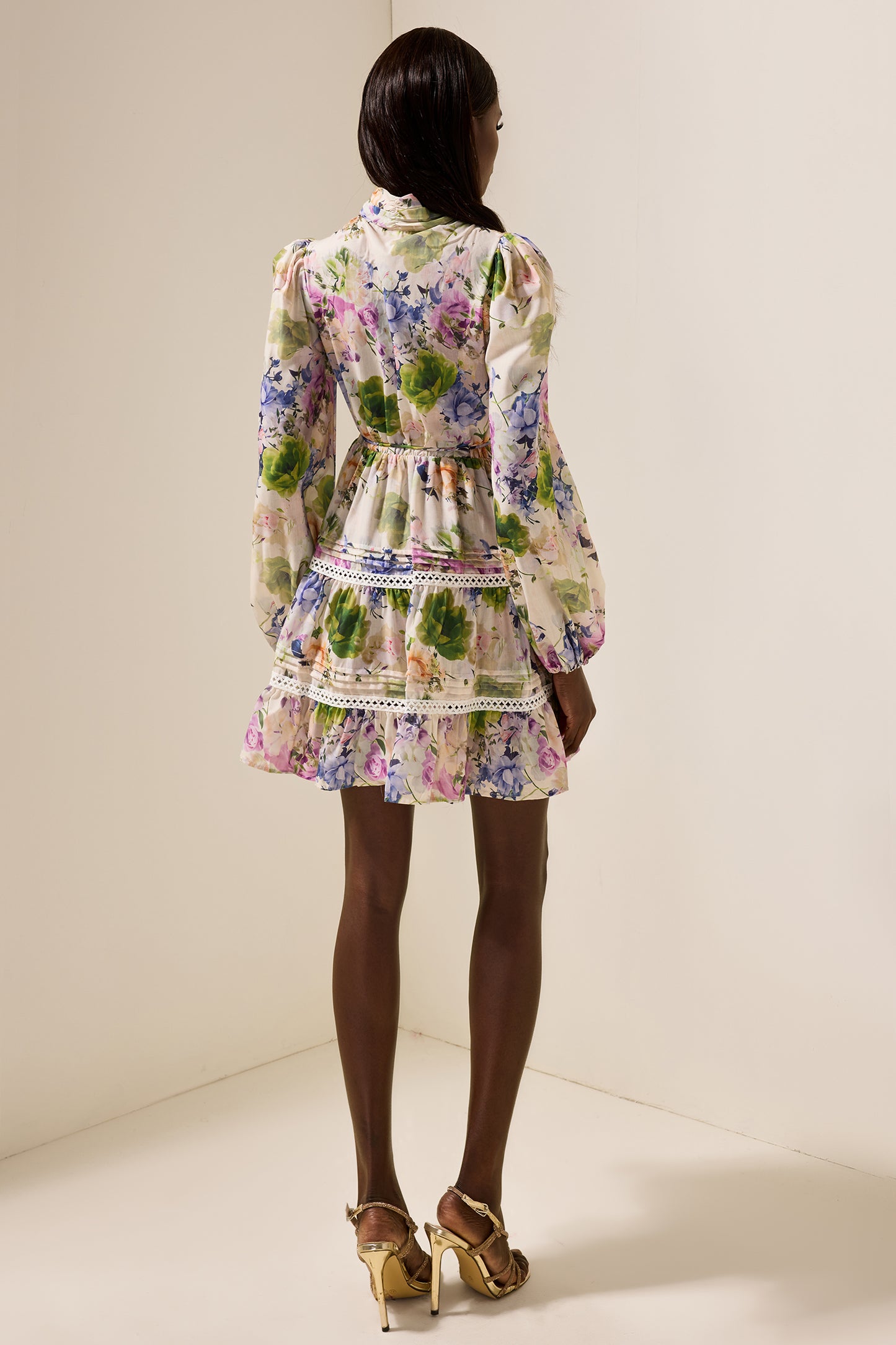 Floral Long Sleeve Stand Collar Mini Dress