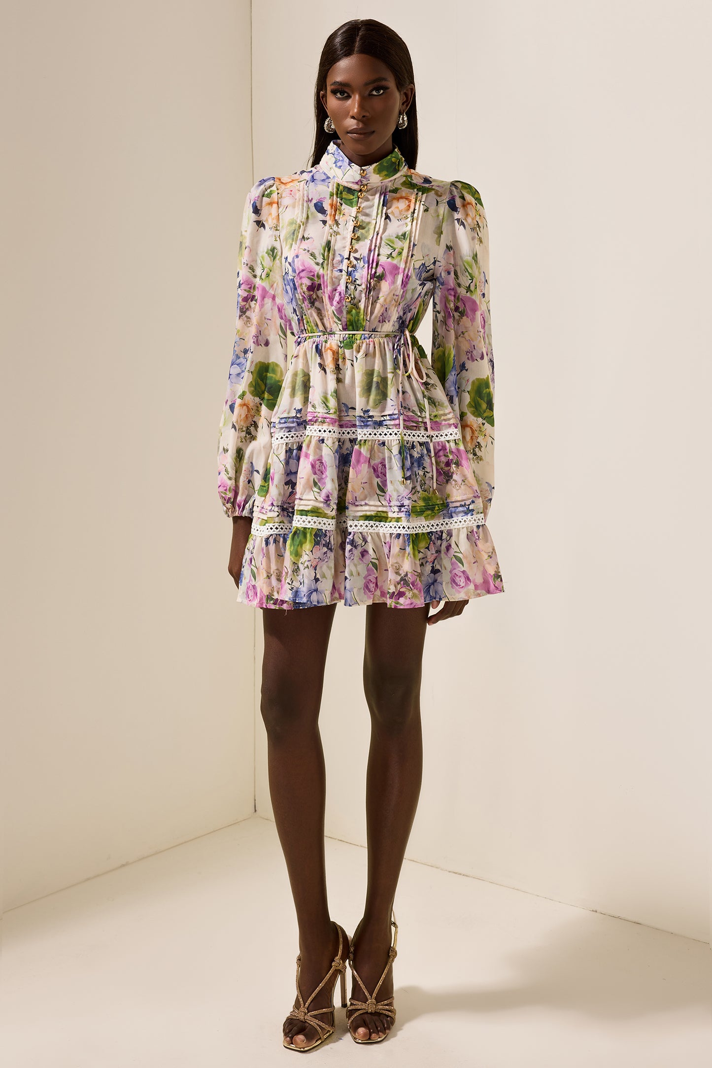 Floral Long Sleeve Stand Collar Mini Dress