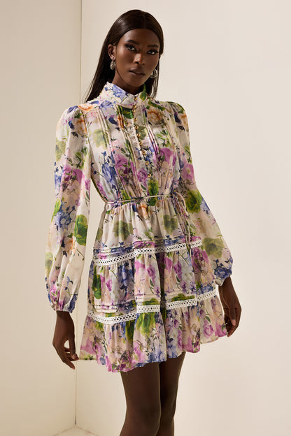 Floral Long Sleeve Stand Collar Mini Dress