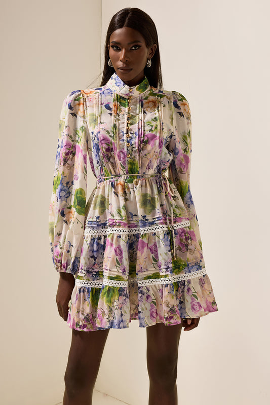 Floral Long Sleeve Stand Collar Mini Dress