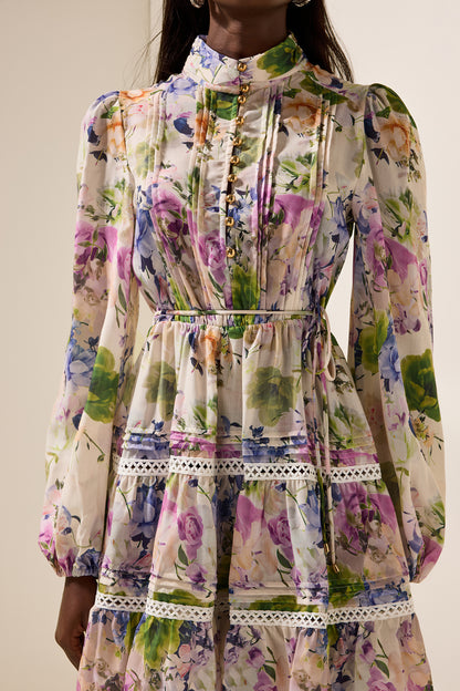 Floral Long Sleeve Stand Collar Mini Dress
