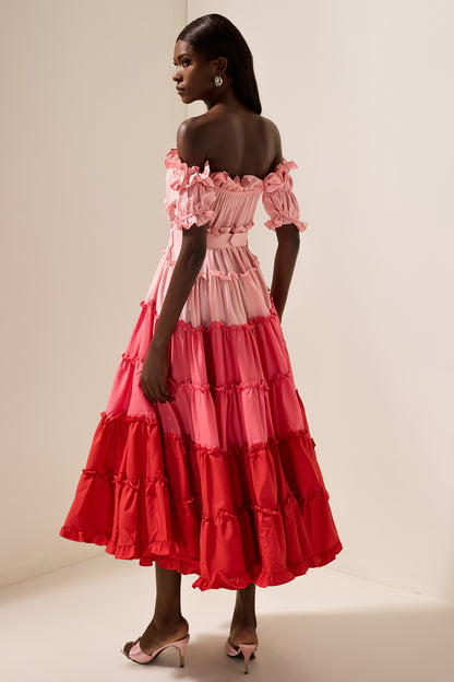 Contrast Color Off-Shoulder Frill Midi Dress