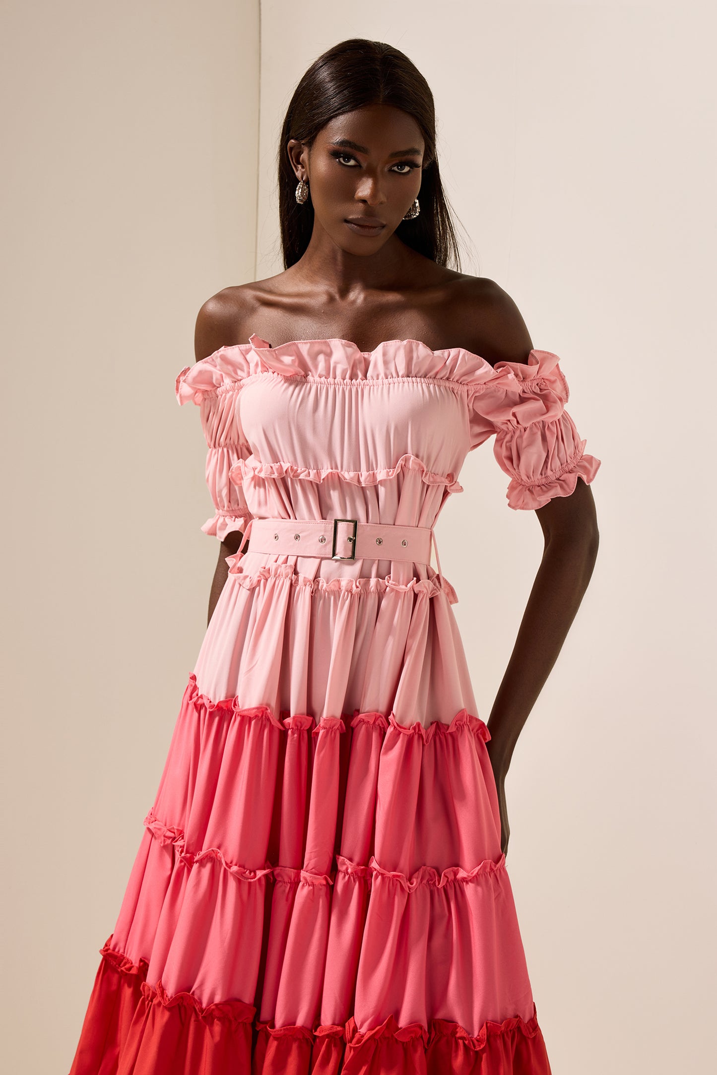 Contrast Color Off-Shoulder Frill Midi Dress