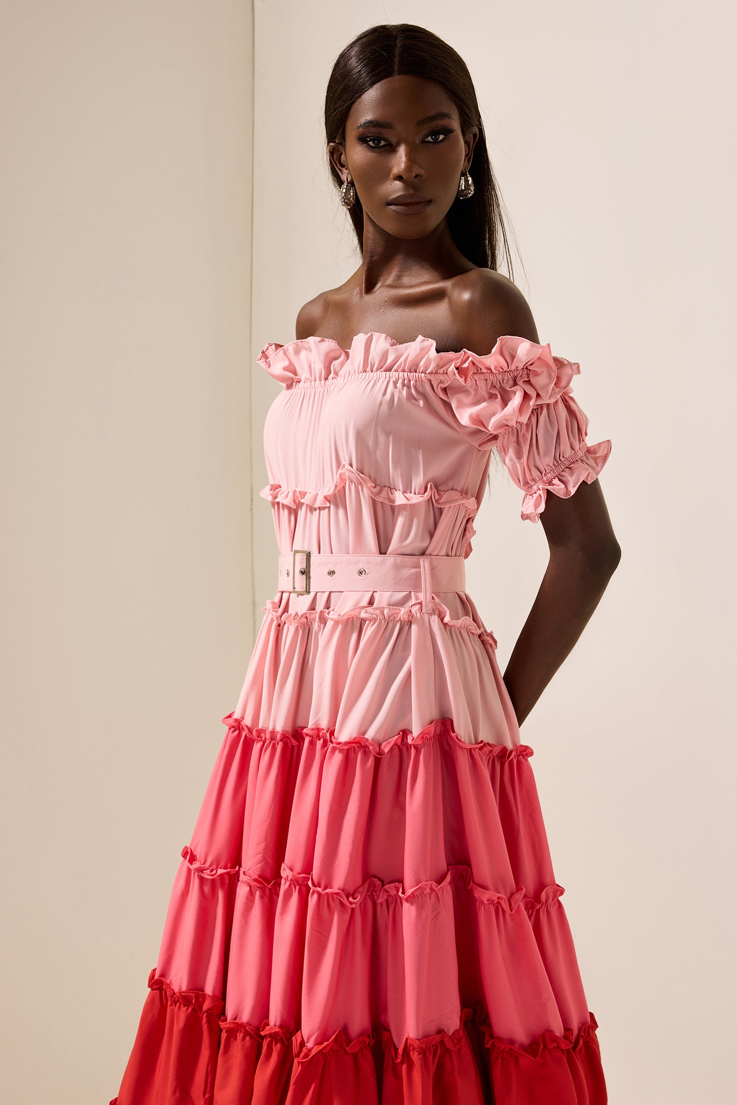 Contrast Color Off-Shoulder Frill Midi Dress