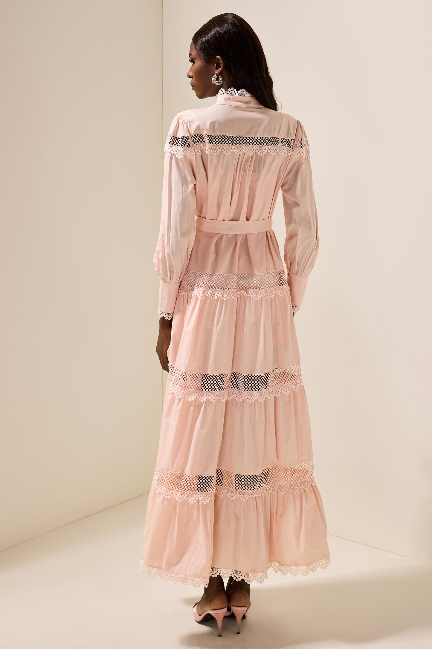 Solid Lace Bottom Midi Dress With Belt