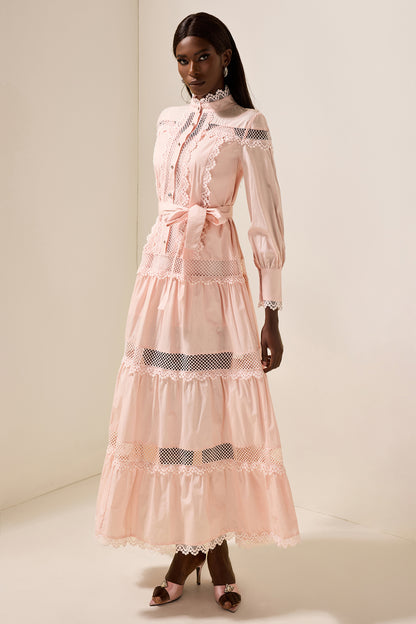 Solid Lace Bottom Midi Dress With Belt