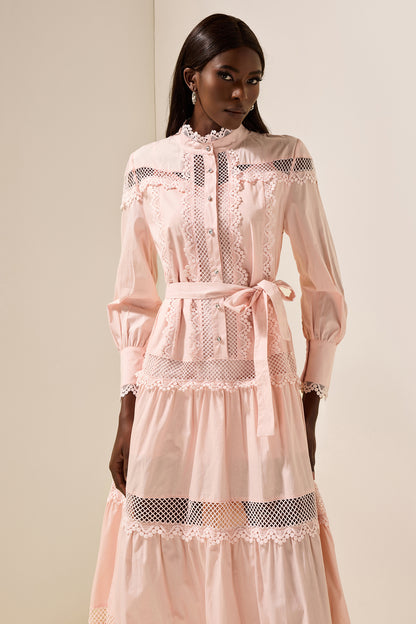 Solid Lace Bottom Midi Dress With Belt